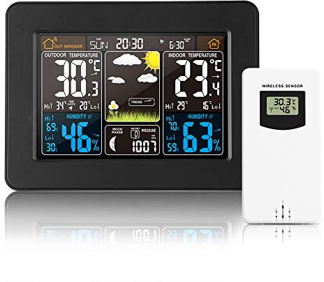 AOZBZ Station météo numérique sans Fil avec capteur extérieur – avec Heure, Date, température, humidité, baromètre, Alarme, Affichage des Phases de Lune, thermomètre Multifonction (Noir)…