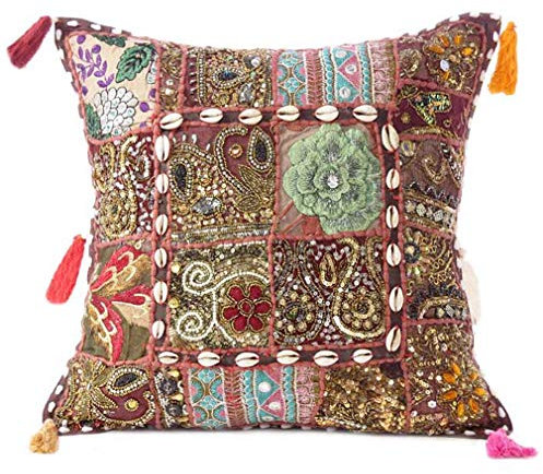 Eyes of India – farbenfroher dekorativer Sofa-Überwurf, Patchwork-Kissen, Couch-Kissenbezug, Bohemian-Stil, indischer Boho-Chic, handgefertigter Bezug 24 X 24 in. (60 X 60 cm) dunkelbraun