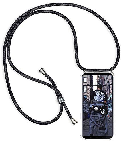 Collier pour Xiaomi Redmi Note 10 / Note 10s Coque, Etui de Téléphone avec Cordon - Tour de Cou Lanière en Corde - Transparente Silicone Housse avec Cordage Lanyard Case, Noir