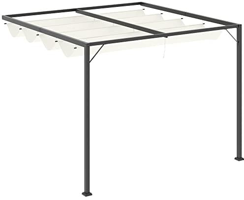 Outsunny Pergola adossable Retractable dim. 3L x 3l x 2,3H m pavillon de Jardin Toile Polyester Haute densité crème Structure métal époxy Gris