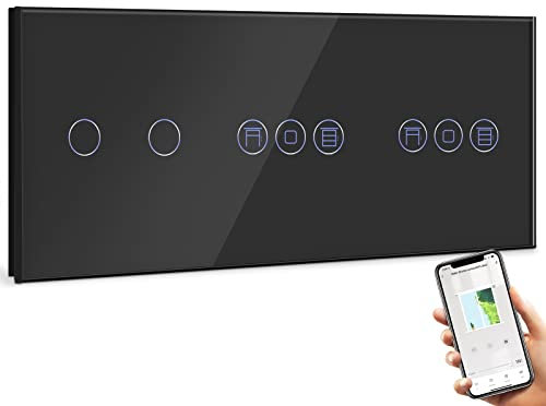 BSEED WiFi Interruptor Persiana Doble con Interruptor Negro,2 Gang 1 Vía Interruptor de Pared Compatible con Alexa y Google Home, Control por APP o Voz, Función de Temporizador, Requiere Cable Neutro