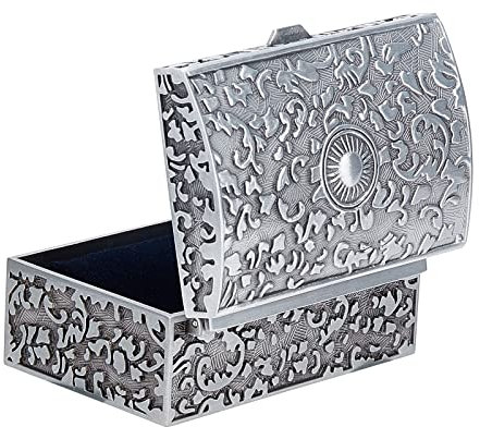 SUNNYCLUE Rechteckige Vintage Schmuckkästchen Schmuckkästchen Geschenk Aufbewahrungsbox Klassisch Klein Geistig Mit Blume Europäischer Retro Stil Schatztruhe Organizer Für Frauen Erwachsene Silber