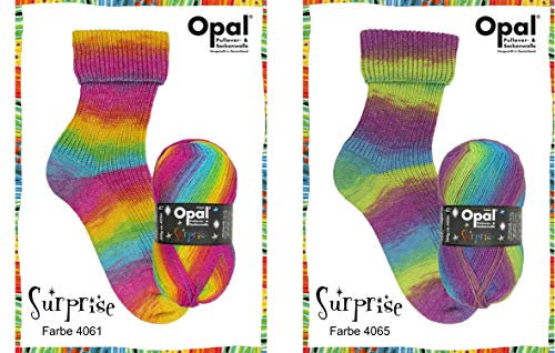 Doppelpack Surprise Regenbogenwolle von Opal, 2x100 g (je Farbe 1x),4-fädig,75% Schurwolle/25% Polyamid