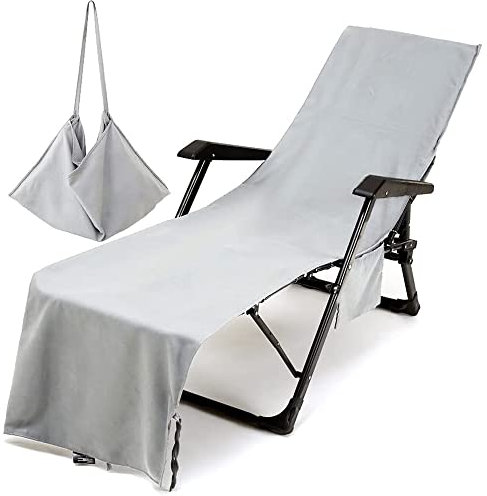 Morbuy Liegestuhl Handtuch mit Taschen, Einfarbig Strandtuch für Liegen Strandliegen Handtuch Handtücher für Strandliegen Mikrofaser Leicht Strandtuch, Kapuze für Besseren Halt (grau)
