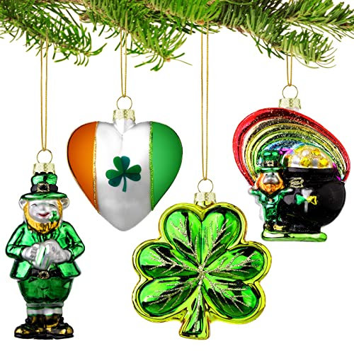 4 Pcs Christmas Irish Ornaments Glass Blown Christmas Tree Hanging Ornaments Set Green Shamrock Ornaments Rainbow Leprechaun Gold Pot Heart Ireland Bauble Ornament Filler for Xmas Holiday Party Decor