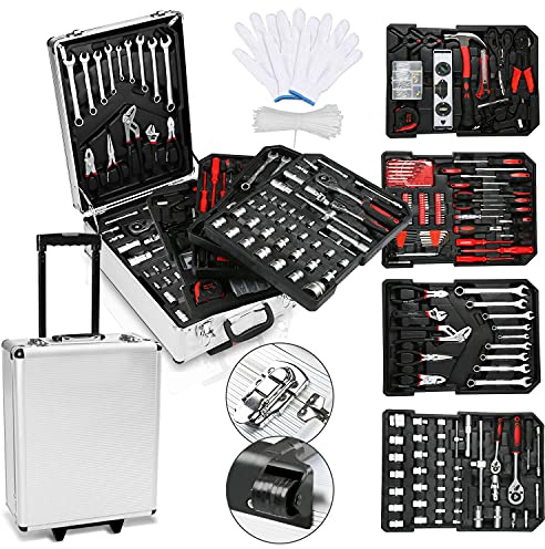 Gimisgu Werkzeugkoffer 1031 teilig Werkzeugkasten Werkzeugkiste Werkzeugtasche Werkzeug Set Werkzeugkoffer mit Rollen 52 x 35 x 20 cm, Werkzeugkoffer Trolley mit 4 Lagen, Schwarz,silber
