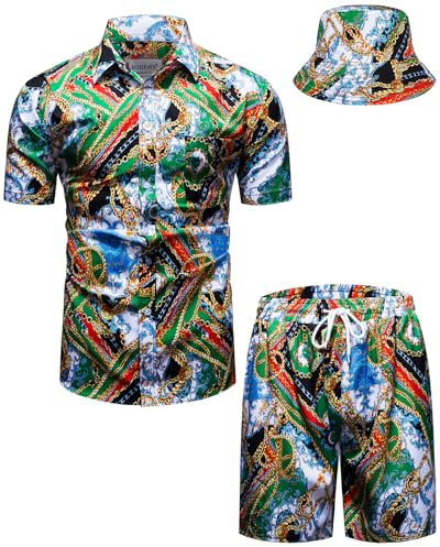 fohemr Herren barock 2-Teiliges Outfit Golden Chain Muster Grün Hemd shorts mit Eimerhut Freizeitanzug Sommer Urlaub Strand set Medium