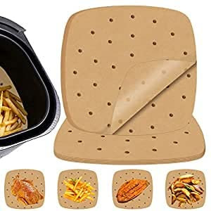 RIAMU Airfryer Liners – Lot de 50 doublures rondes en papier sulfurisé jetable pour friteuse à air comprimé (50 pièces carrées avec trou jetable)
