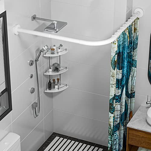 SIKAIQI Barra de cortina de ducha de acero inoxidable 304 elástico en forma de L (blanco, 27-39 x 27-39 pulgadas), instalación sin taladros, para baño, tienda de ropa, espacio privado