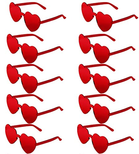 Widisun Heart Shaped Rimless Glasses, 10PCS Red Funky Heart Party Glasses, Hippie Heart Shaped Glasses Women Girls Kids Adults B'Day Festival Fancy Dress up Party Cosplay Costume Supplies, 5x2 inch