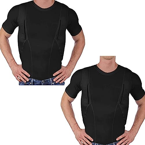 HONGCUICUI Herren-T-Shirt Mit Verdecktem Lederholster, Holster-Hemd, Verdecktes Tragen, Kompression, Rundhalsausschnitt, Eng Anliegend, Atmungsaktiv (L,2 Stück schwarz)