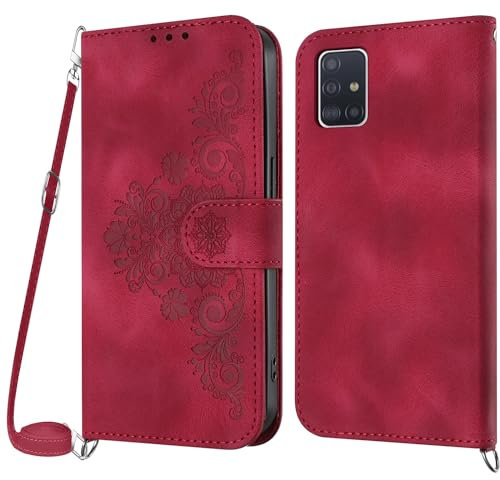 Netany Lanyard Case for Samsung Galaxy A51 4G, PU Leather Wallet Phone Case with Adjustable Crossbody Lanyard Strap, Card Holder Magnetic Flip Folio Shockproof Case Cover for Samsung A51 4G (Red)