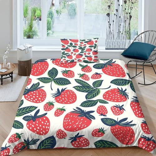 FSYQQASD Erdbeere Bettwäsche 3D Gedruckter Obst Bettbezug Mikrofaser Bettwäsche-Sets,Bettbezüge Mit Reißverschluss Und Kissenbezüge 2 Teilig Sets Single(135x200cm)