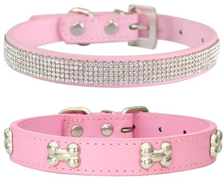 Suiecuor 2 teiliges lederhalsband Hund, hundehalsband Strass welpenhalsband mit Metallknochen Dekoration geeignet für kleine mittelgroße Hunde und Katzen Rosa M