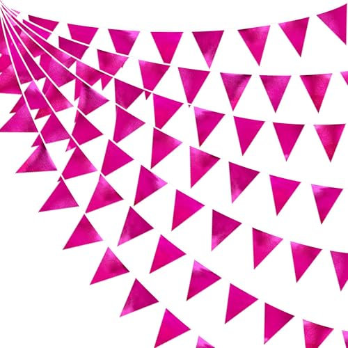 32Fuß Pinkfarbene Partydekorationen Dreieckiges Wimpelbanner Flagge Rosafarbener Metallischer Stoff Wimpelgirlande für Geburtstag Hochzeit Brautparty Jahrestag Flamingo-Barbie-Themenpartyzubehör
