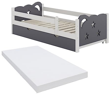 VitaliSpa Kinderbett 80x160 cm Jessica mit Schublade und Matratze - Weiß/Grau 166x53x86 cm aus Bambus - Bettschublade perfekt für Kinder, Geborgenheit für eine Nacht voller schöner Träume