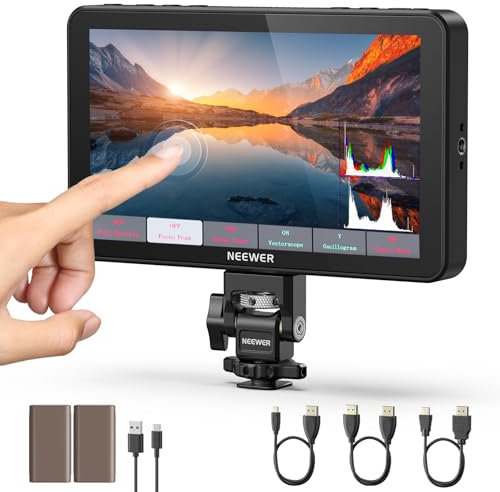 NEEWER F700 7 Kamera Feld Monitor, 2000nit HD 1920 x 1080 IPS Touchscreen mit 3D LUT, 4K HDMI Loop In/Out mit Peak Focus DSLR Video Assist HDR Wellenform, Cold Shoe Mount, 2 NP-F750 Akkus und Kabel