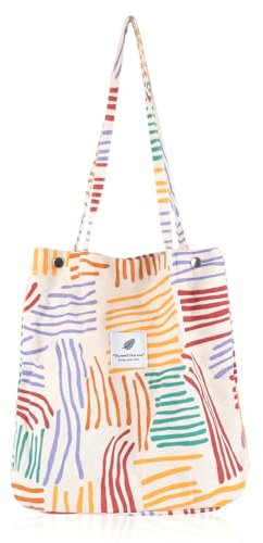 Tikplus Umhängetasche Damen Groß, Cord Tasche Damen mit Farbstreifen Muster, Lässige Tote Handtasche mit Magnetverschluss, Stofftasche Großer Kapazität für Alltag, Reise und Einkaufen