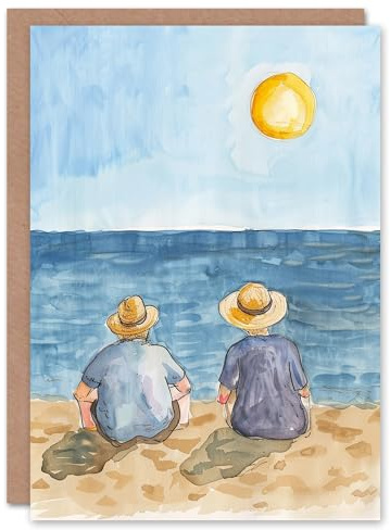 Artery8 Elderly Couple Sitting At The Beach Watercolour Blank For Him Or Her Art Birthday Card