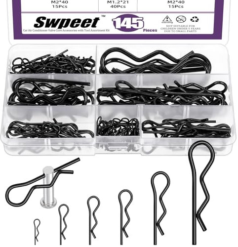 Swpeet Lot de 145 goupilles fendues en acier au carbone plaqué zinc noir, 6 tailles, clips d'attelage, clips R, épingles de retenue, épingles à cheveux, épingles de quincaillerie, fixation à ressort