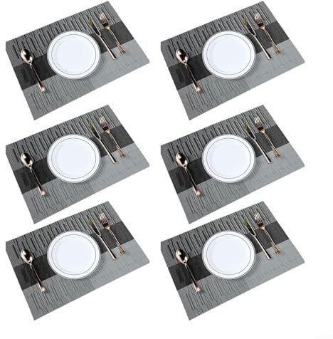 Breathable and Skin Friendly Table Mats, Crossweave Woven Vinyl Placemats, Set of 6 (Black)