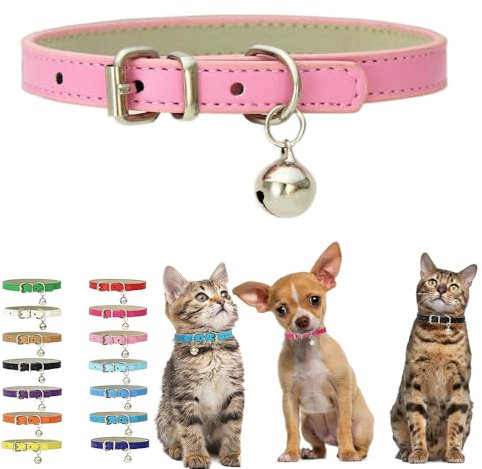 Pink Kitten Collar with Bell, Soft Pu Leather Small Dog Collars Adjustable Buckle for XXS XS Extra Small Medium Tiny Female Male Boys Girls Pets Puppy Cats Teacup Yorkie XX-Small