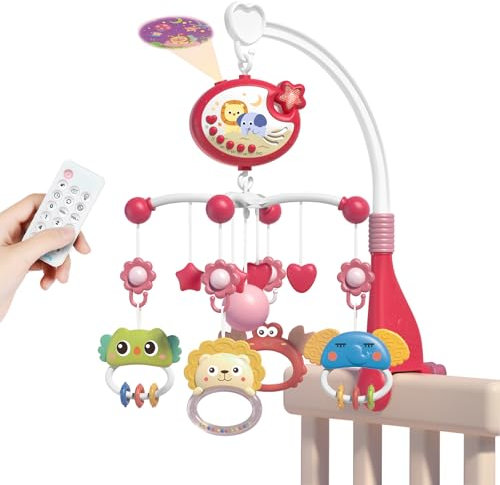 Aolso Baby Crib Toy, Baby Star Crib Mobile with Music and Lights, Cot Mobile Toy with Timing Function Projector and Remote Control, Baby Crib Toys for Boys Girls (Red)