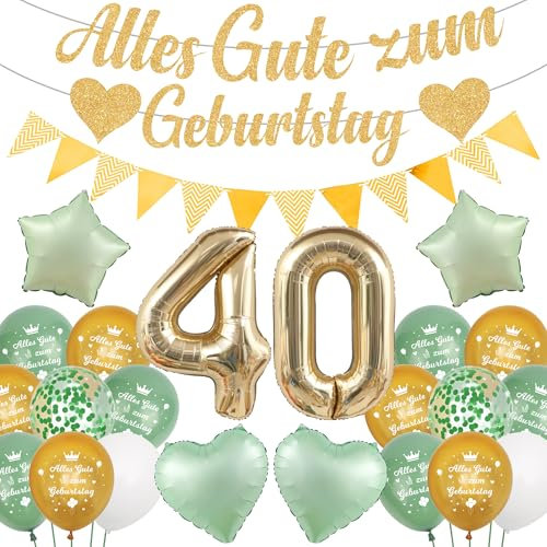 Runyuzi Deko 40 Geburtstag Frau Mann - 35 Stücke 40 Jahre Geburtstagsdeko Grün Gold, Sternen Herz Luftballons Glitzer Banner Girlande für Party Dekoration