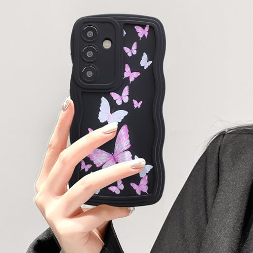 UEEBAI Hülle für Samsung Galaxy A14 4G/5G, Niedliche Lockige Wellen Rahmenform Silikon Handyhülle mit Schmetterlingsmuster, Slim Fit Weiche Bumper Cover Schutzhülle für Frauen Mädchen, Schwarz