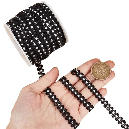 CABODYALS 25 m 8mm Schwarz Silberfarbenes Geflochtenes Wellenband Zickzackband Metallisch Geflochten Zickzackband Zickzack Gewebe Gimp Biege Spitzenbesatz Zum Nähen Herstellen von Geschenkverpackunge