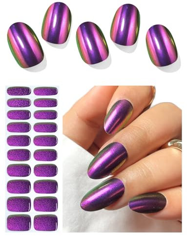 AutyaMee Semi Cured Gel Nail Strips (Purple Chrome), Mirror, Holographic, 20 Pcs Gel Nail Wraps, Stickers, UV Light Required, Salon Quality, Long Lasting