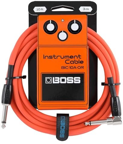 BOSS Serie BIC-10A | Cable de instrumento | Conectores de recto a ángulo recto de ¼ de pulgada | 3 m de longitud | Cables para guitarra, bajo y más | Silencioso y resistente | Naranja