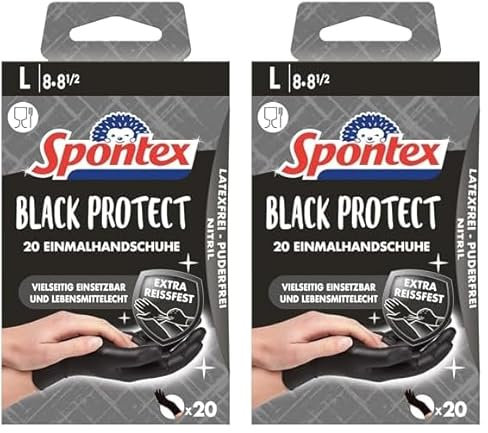 Spontex Black Protect, 20 Einmalhandschuhe aus Nitril, besonders reißfest und strapazierfähig, latexfrei und ungepudert, Größe L (1 x 20 Stück) (Packung mit 2)