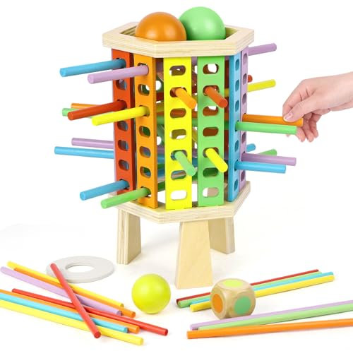 Vicloon Montessori Spiel Brettspiel aus Holz, 36 Stück Bunte Holzstäbchen Spiele Würfelspiel Mathe & Feinmotorik Spielzeug, Farblernturm, Kinder Familienspiel, Kinderspiele Reisespiel ab 3 Jahren