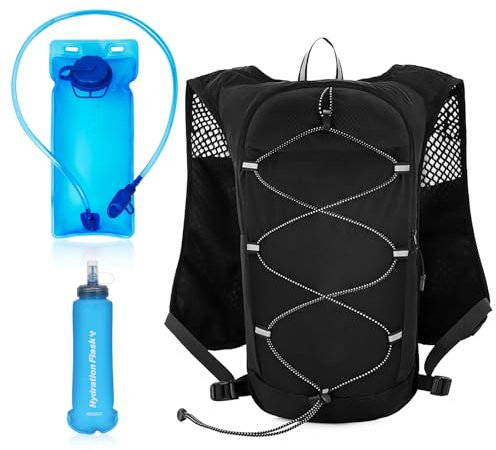 Sac Hydratation Running, Sac de Sport Homme Femme avec Vessie d'eau 2L et Flasque 500ml, sans BPA, Sacs à Dos de Randonnée Réfléchissant Réglable, Gilet Trail pour Course à Pied Cyclisme, Léger 160g