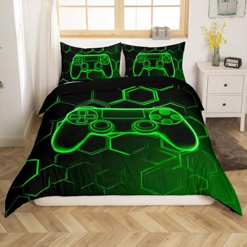 Loussiesd Gamer Duvet Cover Set Single Size For Kids Boys Teens Bedroom Green Geometric Honeycomb Bedding Set Hexagonal Gaming Comforter Cover with 1 Pillowcase