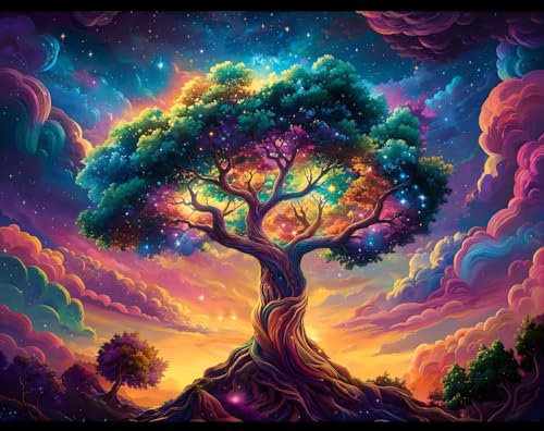 Arsey Schwarzlicht Wandteppich Aesthetic Lebensbaum Wandtuch Psychedelic UV - Reaktiver Wandteppiche Galaxy Himmel Bunt Natur Landschaft Baum Des Lebens Wanddeko Wohnzimmer, 150 X 130 CM