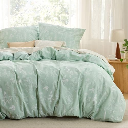 BEDSURE Bettwäsche 200x220 Baumwolle 3teilig - Grün Blumen | Baumwolle Bettwäsche mit Reißverschluss, ÖKO-TEX Wendbar, Bettbezug 220x200cm + 2 Kissenbezüge 80x80cm, einfach zu beziehen