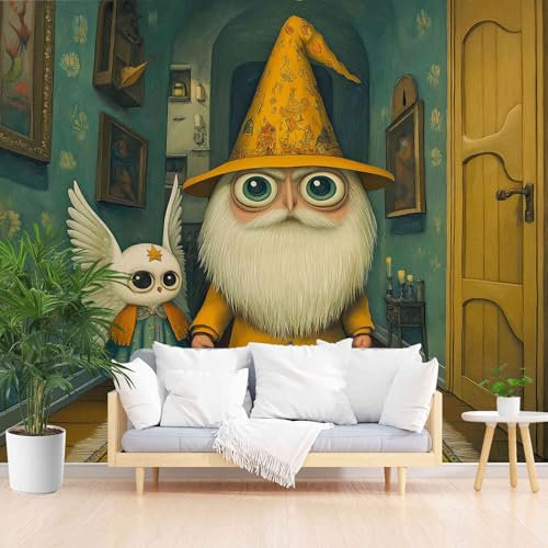 Fantasievoller Zauberer Eulen Szene Tapete Schlafzimmer 200 x 140 cm, Warmes Gold Fototapete Vliestapete, Wasserdichte Dekorative Wandaufkleber