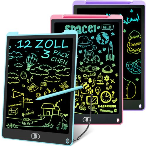 Electight 3 Stück LCD Schreibtafel für Kinder 12 Zoll, Maltafel | Wiederverwendbare, Maltablett für Kinder mit Abschließbar Löschen Taste, Spielzeug Geschenke für Büro, Schule, Hause
