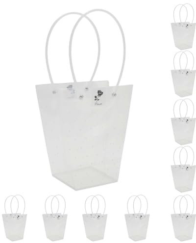 CAPASTEC 10 Sacchetti Floreali, Sacchetto Bouquet con Manico, Confezione Regalo per Fioraio per Compleanni Natale Festa della Mamma Matrimonio, 18x10x20cm, Bianco Trasparente