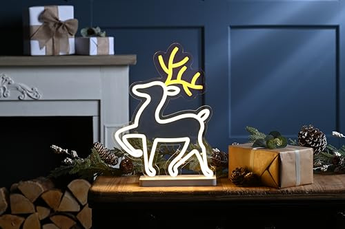 Festive Productions 36cm Reindeer Neon Flex LED Light Sign – Warm White and Yellow LED Reindeer Decoration on Base – Indoor Christmas Light with 215 LEDs and 3m Lead Cable