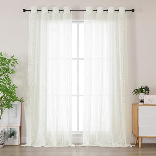 Simplebrand Balkontür Gardinen mit Ösen 2er Set, Halbtransparent Geometrisches Ausbrenner Muster Vorhang für Wohnzimmer Terrassentür, Lichtdurchlässig Sichtschutz, 140x229 cm Natürlich