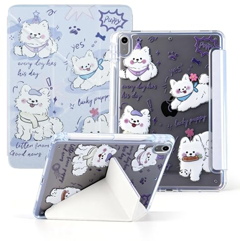 MokaZii Kawaii-Hülle für iPad (A16) 11./10. Generation (11 2025/10.9 2022), Magnetische Y Ständer, Süße Welpe Hülle Translucent Schutzhülle, mit Auto Schlafen/Wachen Stifthalter - Lila Puppy