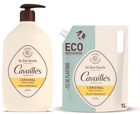 ROGÉ CAVAILLÈS | Gel Bain et Douche l'Original + éco-recharge | Gel douche peaux sensibles | 83% d'ingrédients d'origine naturelle | Sans savon | Surgras Végétal Pro-Régénérant | Dès 3 ans | 2x1L