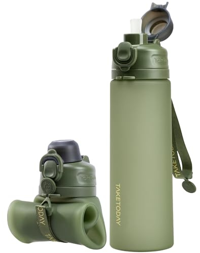 TakeToday Faltbare Trinkflasche 600 ml, zusammenklappbare Wasserflasche aus Platin-Silikon mit Strohhalm & Trageschlaufe, auslaufsicherem Deckel, BPA-frei für Reisen, Wandern & Camping (Dschungelgrün)