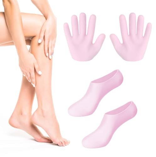 2 Pairs Silicone Moisturizing Socks Gloves Set for Dry Cracked Feet & Hands, Spa Gel Socks Gloves for Women, Intensive Foot Hand Care, Fits Most Sizes (Pink)