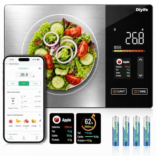 Diyife Smart Food Scales Calorie Counting, TFT Colorful Display, APP Sync | 25 Nutrient Metrics, Calorie & Macro Tracking, Keto, 5 Units, Tare, 5kg Smart Nutrition Scales for Baking, Weight Loss