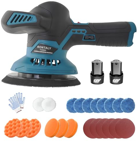 Akku Poliermaschine mit 2x 3,0Ah Akkus & Ladegerät, Auto Poliermaschine Set | Exzenter Poliermaschine Set 24Pcs, 6 Geschwindigkeit Wachsmaschine für Autopflege, Polieren, Wachsen, Kratzerentfernung