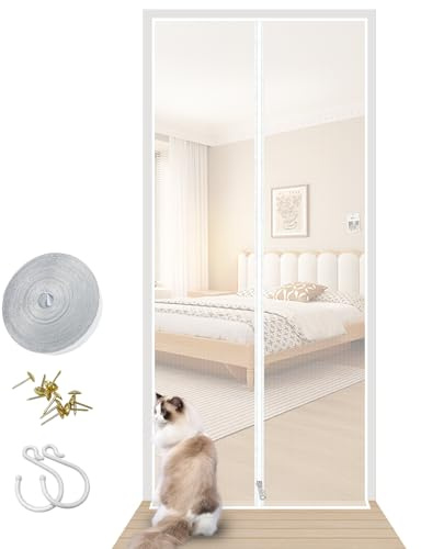 Moustiquaire Fenêtre Chat, Blanc, 90X210 | Moustiquaire Porte, Garde Animaux Domestiques à l'Extérieur, Avec Fermeture Éclair, Respirant et Ventilé